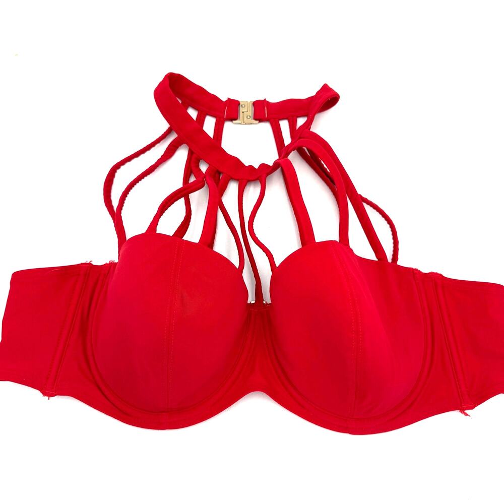 Adore Me Women's Red Strappy Halter Padded Underwire Swim Bikini Top Size 40C